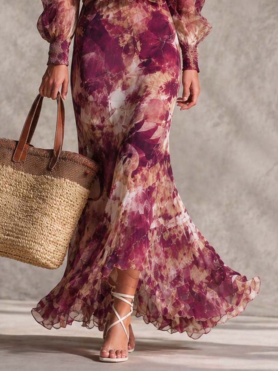 Vestido largo de verano de gasa con estampado floral rosa, escote bardot y falda escalonada