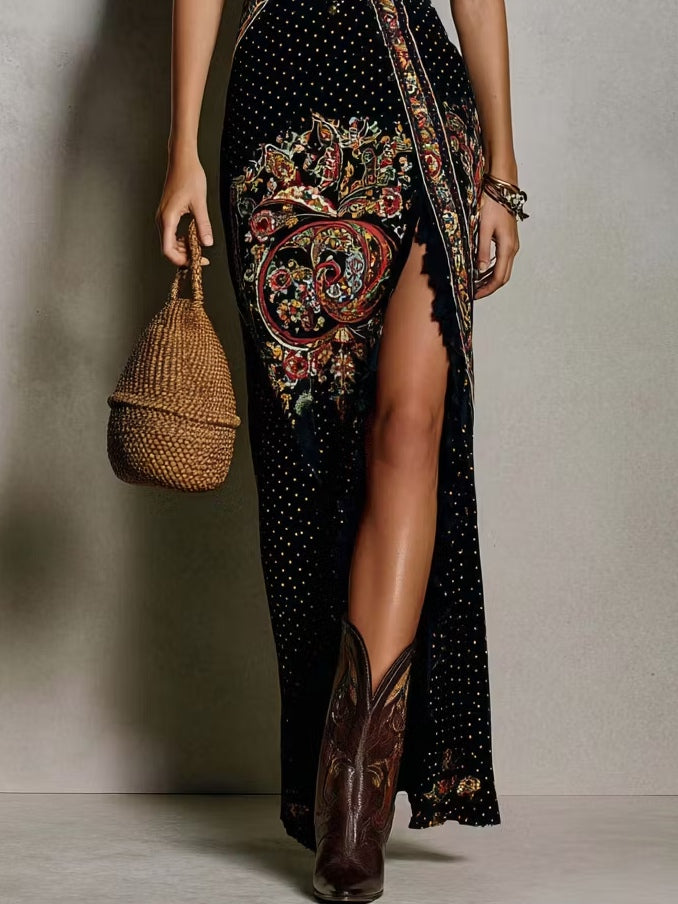 Vestido estampado de estilo bohemio con escote pronunciado en V y abertura alta