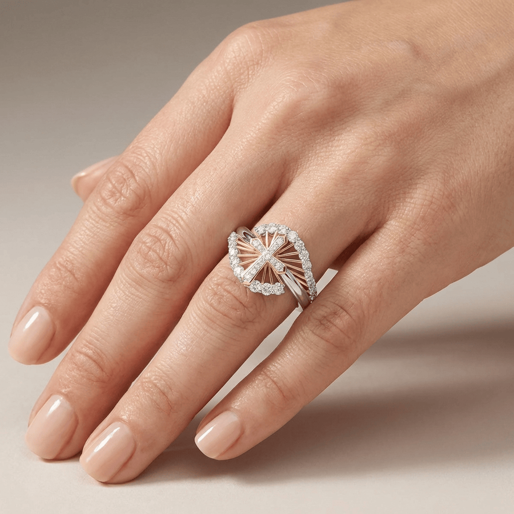El anillo de cruz bicolor — plateado con detalles de cristal