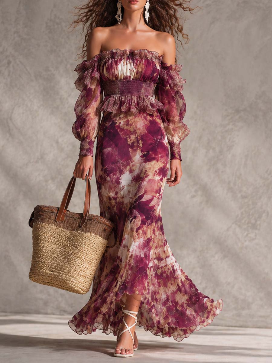 Vestido largo de verano de gasa con estampado floral rosa, escote bardot y falda escalonada