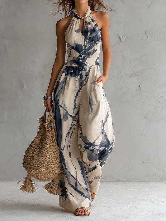 Jumpsuit de pierna ancha con estampado de tinta estilo lavado, cuello halter y bolsillos