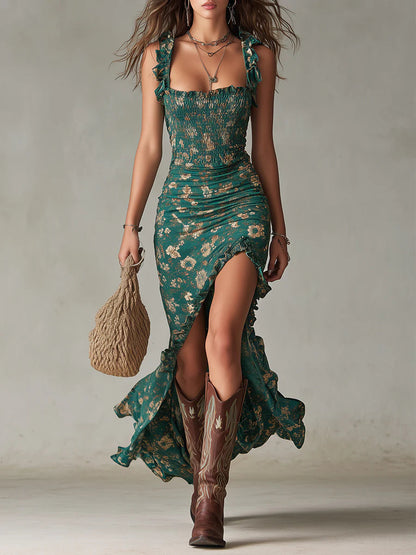 Vestido largo verde salvia con estampado botánico y mangas con volantes