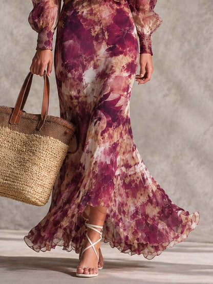 Vestido largo de verano de gasa con estampado floral rosa, escote bardot y falda escalonada