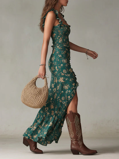 Vestido largo verde salvia con estampado botánico y mangas con volantes