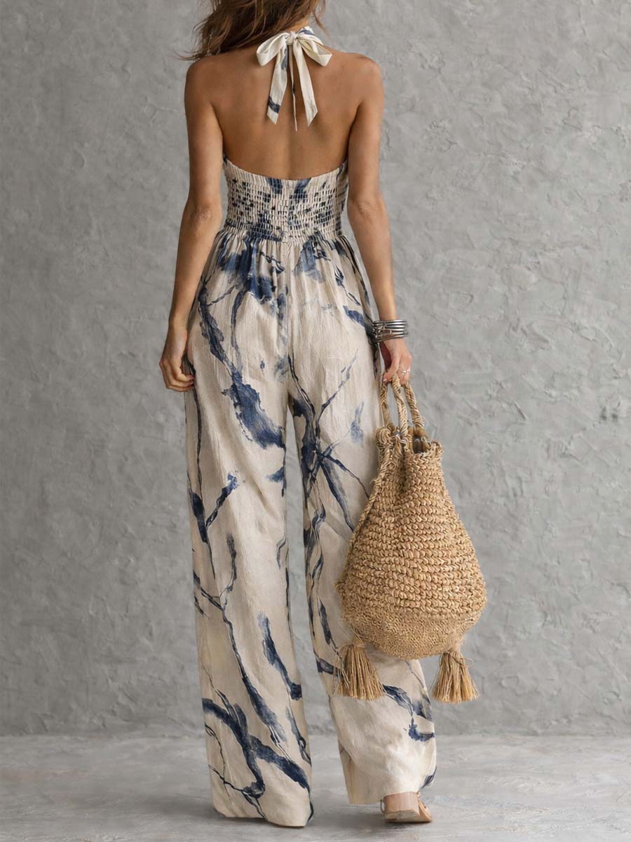 Jumpsuit de pierna ancha con estampado de tinta estilo lavado, cuello halter y bolsillos