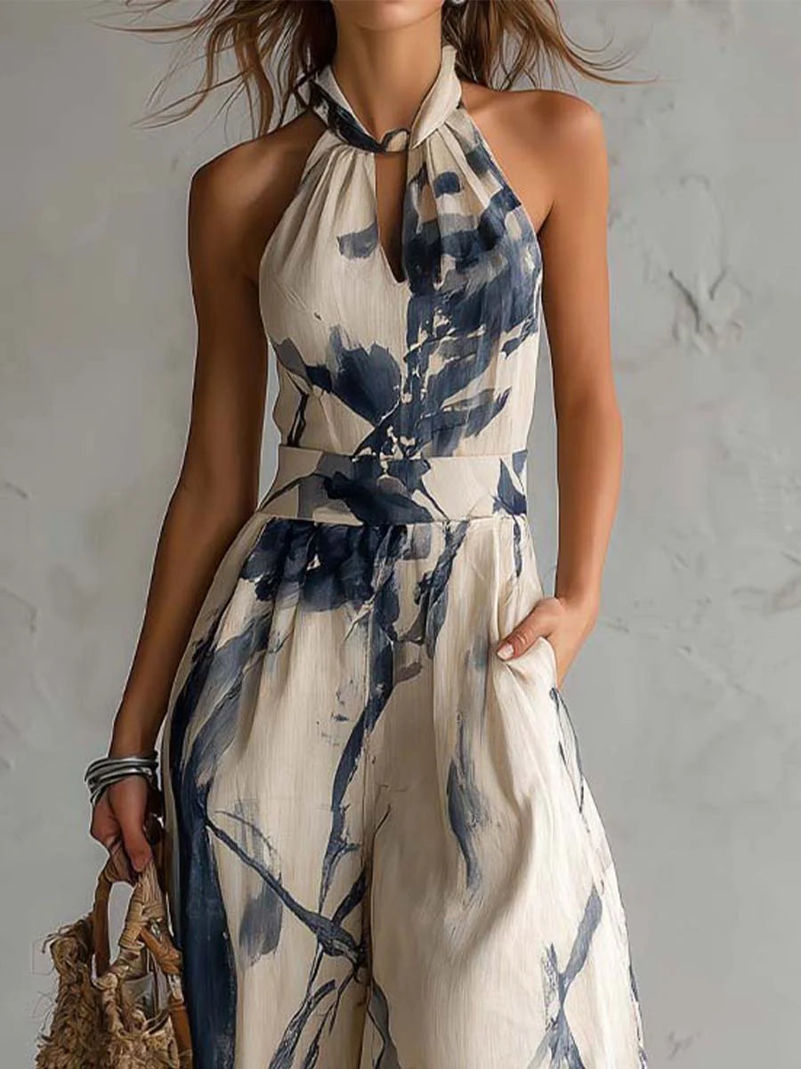 Jumpsuit de pierna ancha con estampado de tinta estilo lavado, cuello halter y bolsillos