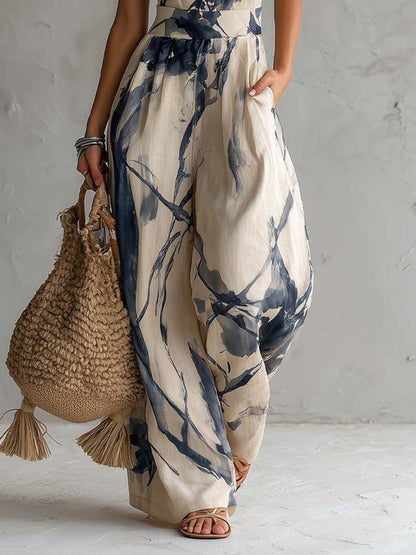 Jumpsuit de pierna ancha con estampado de tinta estilo lavado, cuello halter y bolsillos