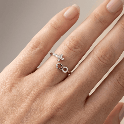 El anillo eterno — banda de plata de fe e infinito (ajustable)