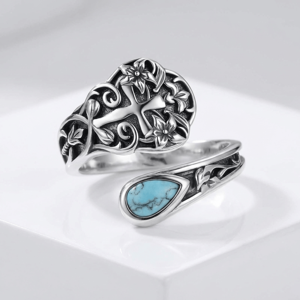 El anillo Grace — Cruz con detalle floral (ajustable)