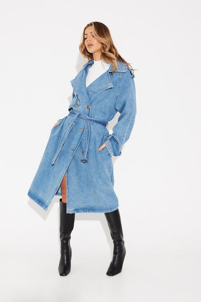 Abrigo estilo gabardina de mezclilla azul para mujer Ashley
