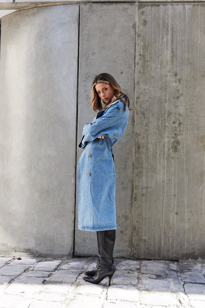 Abrigo estilo gabardina de mezclilla azul para mujer Ashley