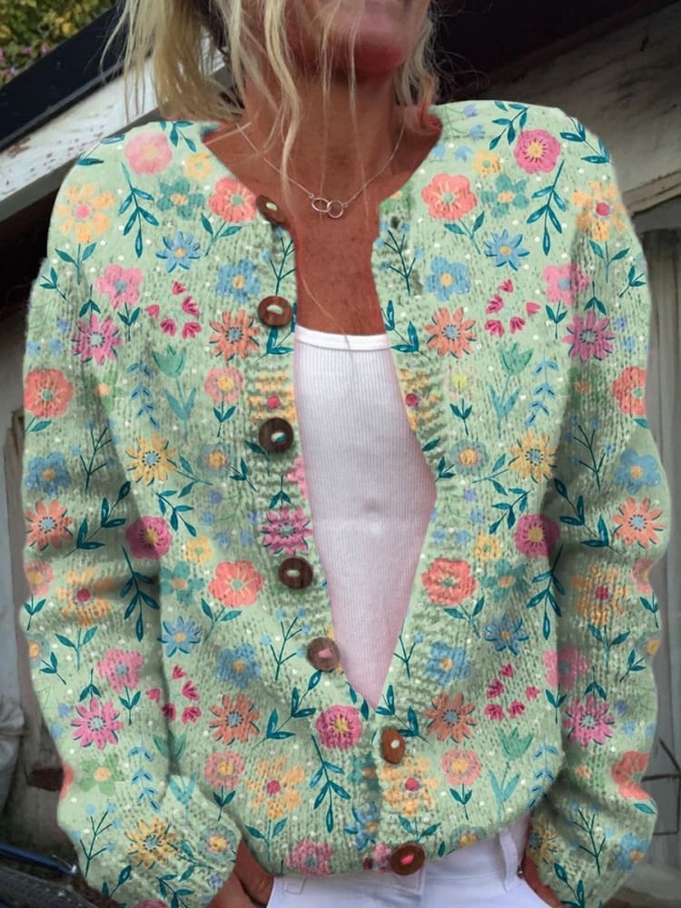 Zomerse veldbloemenprint cardigan met knopen - Aurora Classics