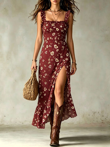 Vestido largo romántico de flores pequeñas, fruncido, con volantes y abertura lateral