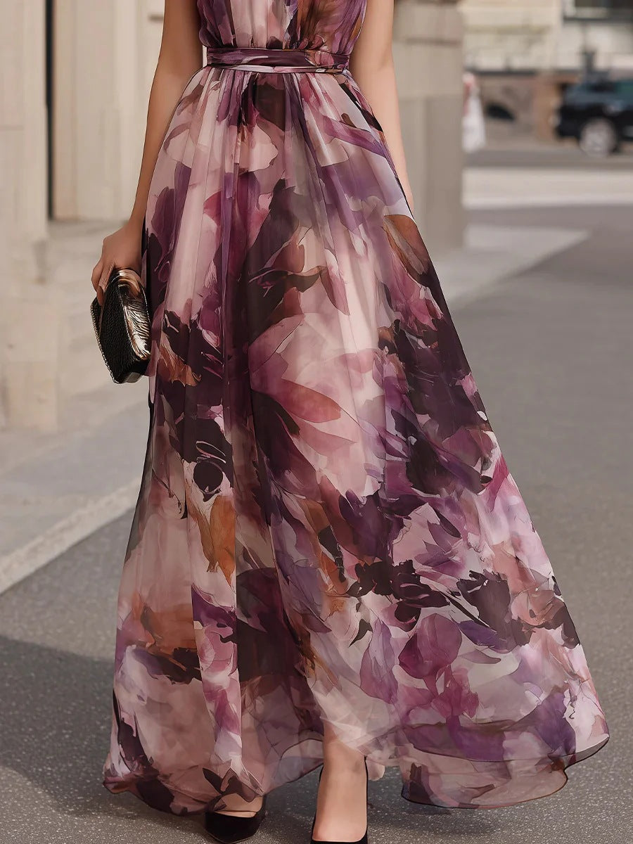 Vestido largo floral con cinturón y corbata en el cuello