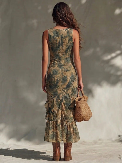 Vestido largo con estampado tropical de palmeras, volantes, fruncido y abertura lateral