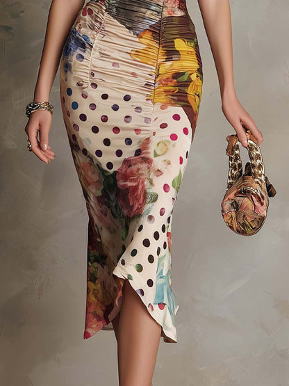 Vestido midi ceñido con estampado floral combinado, fruncido y ribete de encaje, de estilo elegante