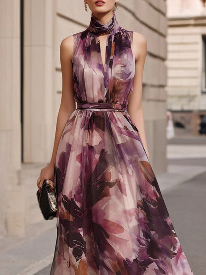 Vestido largo floral con cinturón y corbata en el cuello