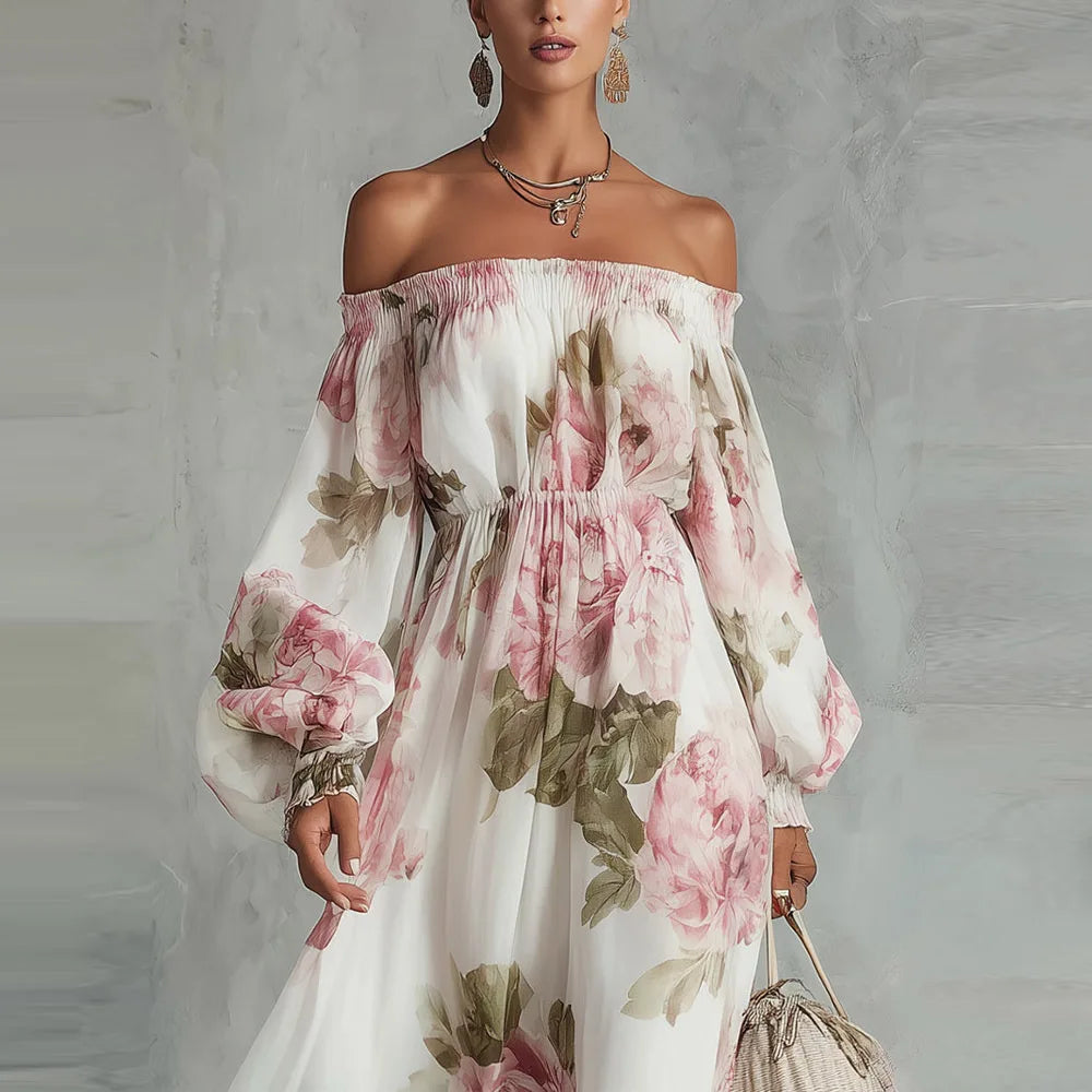 Vestido largo floral de manga larga y hombros descubiertos para mujer, modelo Payton