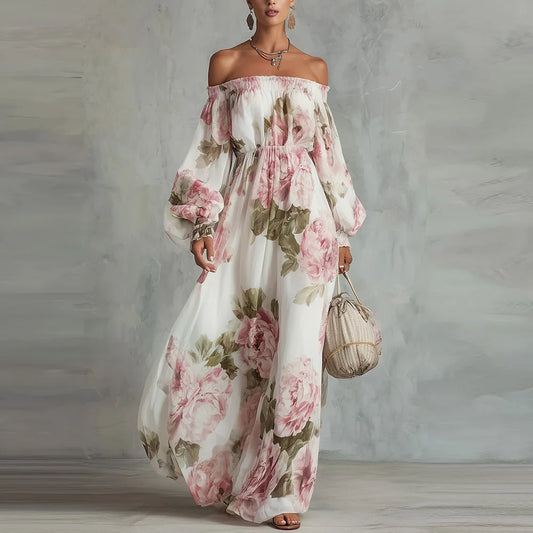 Vestido largo floral de manga larga y hombros descubiertos para mujer, modelo Payton