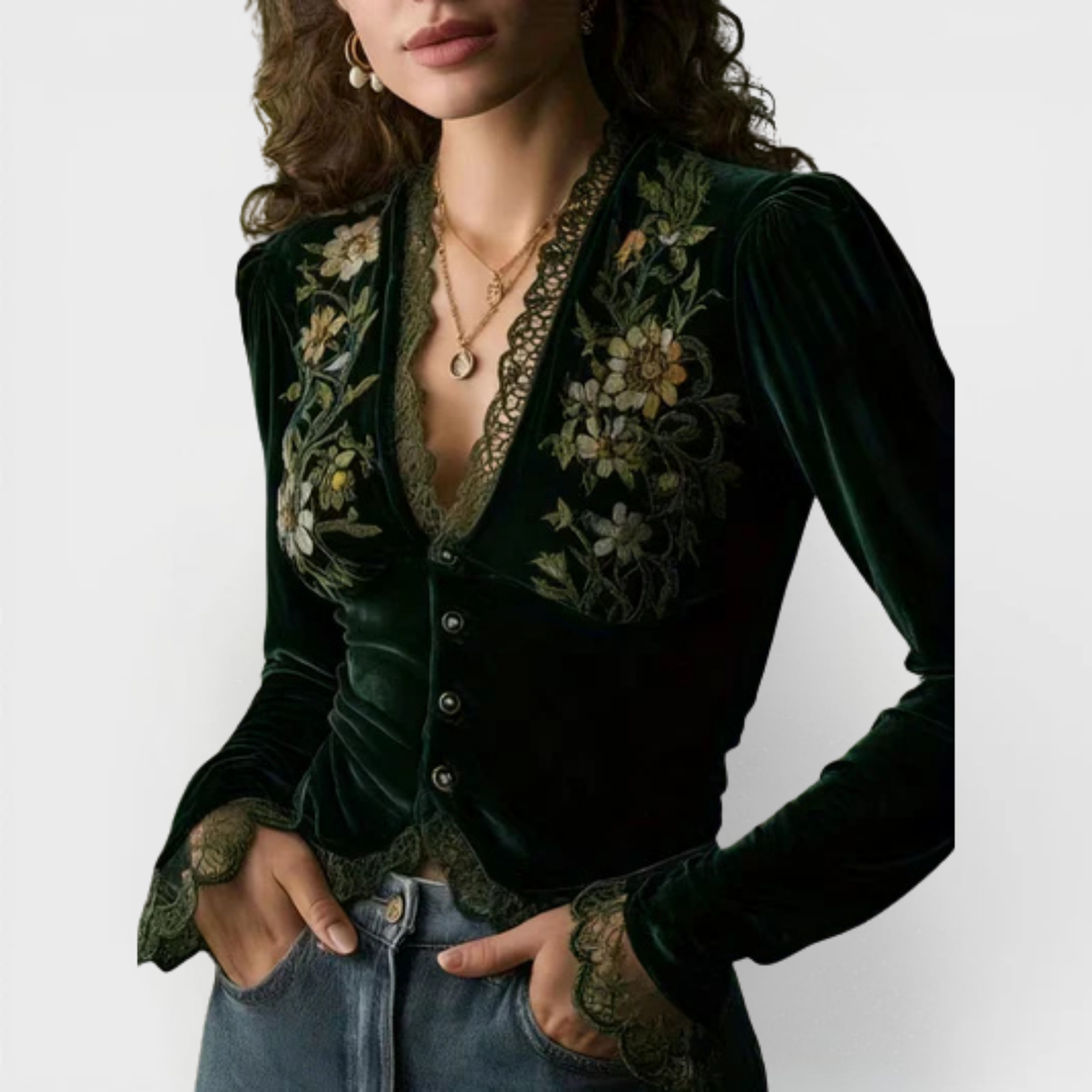 Nora | Blusa de terciopelo de lujo con bordados florales