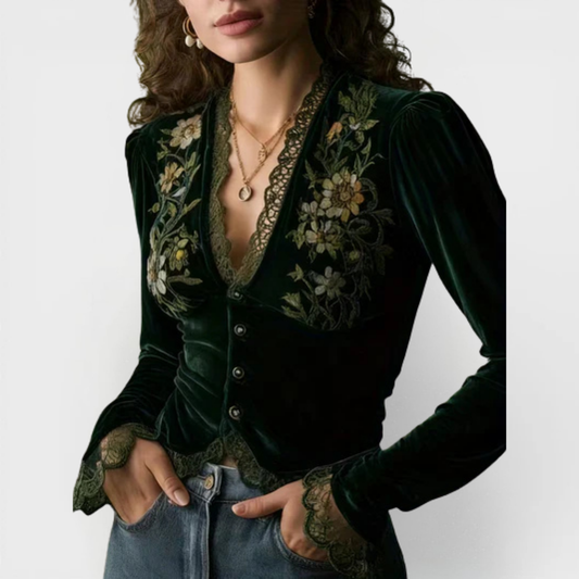 Nora | Blusa de terciopelo de lujo con bordados florales