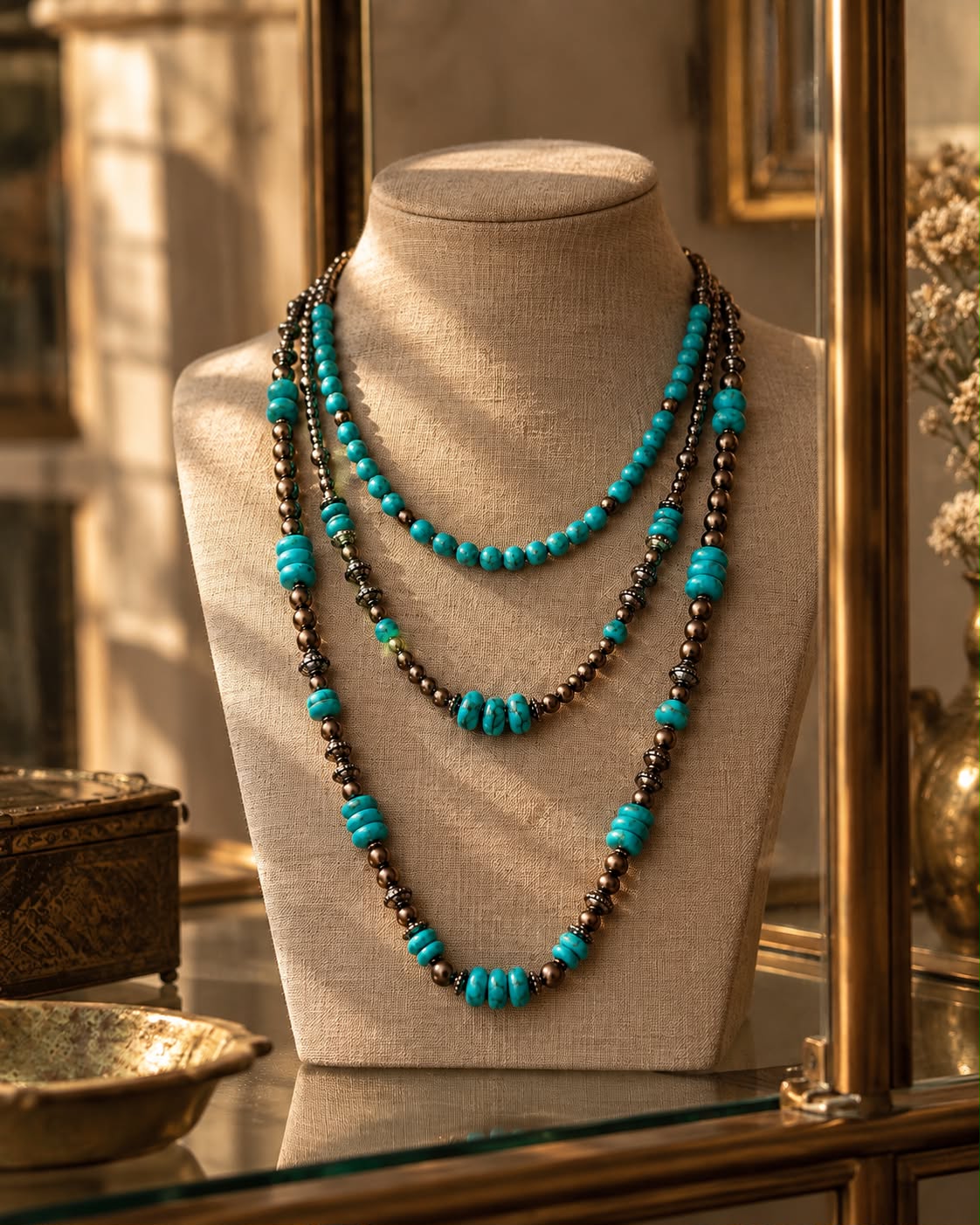 Collar de Triple Caída en Turquesa y Bronce