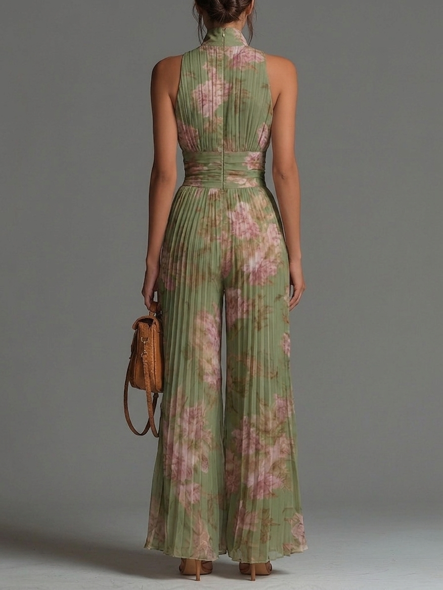 Mono de gasa verde con estampado floral, cuello en V, sin mangas, cierre al frente, plisado y pierna ancha