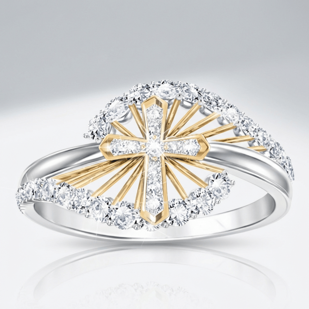 El anillo de cruz bicolor — plateado con detalles de cristal