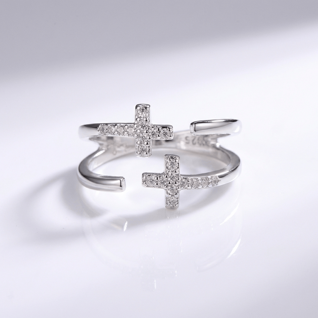 The Twin Cross Ring — Silver with Stone Detail (Adjustable)